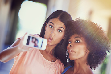 Image showing Crazy memories worth remembering. two girlfriends taking a selfie on a mobile phone.