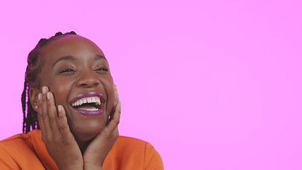 Image showing Woman, hands and excited or face and laughing, funny and cheerful expression by pink background in studio. Black person, positive and success with make up or beauty aesthetic, joy and mockup space