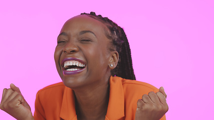 Image showing Black woman, winner or happy for prize, smile or excited with face, good news or purple studio background. Energy, winning or wow for achievement, competition or cheers for success, surprise or offer