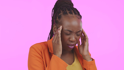 Image showing Woman, hands and face with headache or pain, frustrated and mistake by pink background in studio mockup. Black person, anxiety and mental health with work problem, divorce and stress of career or job