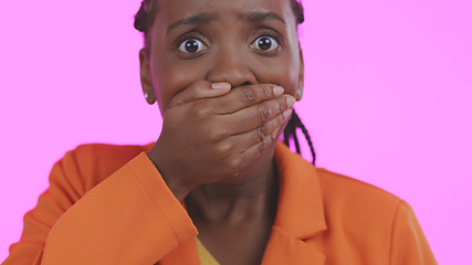 Image showing Black woman, hand over mouth with shock or surprise, drama or secret news with gossip isolated on pink background. Wow reaction for info, expression in portrait and alarm with fear in a studio