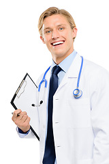 Image showing What seems to be the problem today. a handsome young doctor standing alone in the studio and holding a clipboard.