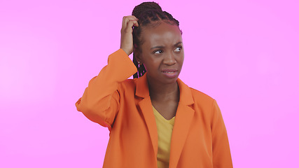 Image showing Confused, doubt or question with a black woman scratching her head in studio on a pink background. Thinking, frustrated or remember and a young person with a memory, problem or unsure decision