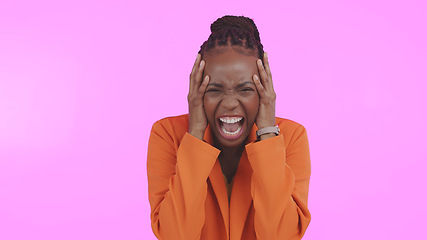 Image showing Woman, scream and hands on face for stress, overwhelmed and burnout in studio by pink background. Black female model, shout and angry or bipolar, frustrated and anxiety or pain from trauma in mockup