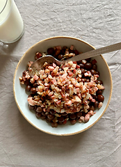 Image showing bowl of grey peas with smoked bacon and onions