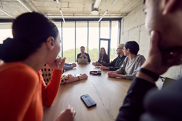 Image showing A diverse group of business professionals gathered at a modern office for a productive and inclusive meeting