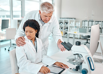 Image showing This is so inappropriate. a young scientist looking uncomfortable while being touched on her shoulder by a senior scientist in a lab.