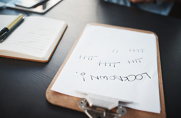 Image showing It feels like forever. Still life shot of a clipboard with lockdown and tally marks written on it.