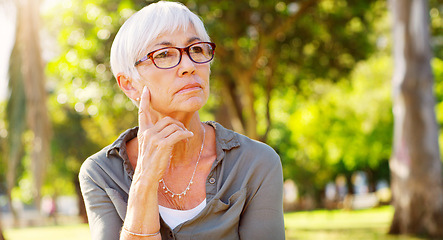 Image showing Buried into thought. a senior woman looking thoughtful at the park.