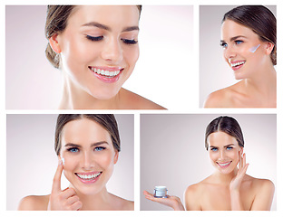 Image showing Moisturize, it does wonders. Composite image of a beautiful young woman applying moisturizer against a grey background.