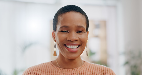 Image showing Happy, black woman and portrait in a home with confidence and smile in a living room. New house, excited and funny joke with a relax African female person from Ghana in a lounge at morning with joy