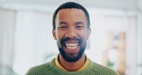 Image showing Happy, black man and portrait in a home with confidence and smile in a living room. New house, excited and funny joke with a relax African male person from Ghana in a lounge at morning with joy