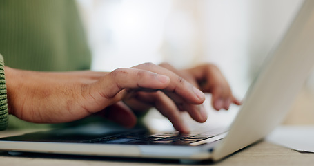 Image showing Closeup, hands and typing email on a laptop for communication, online business or website. Zoom, table and a worker with a computer for internet, search or working on a pc for remote work or chat