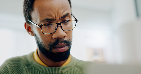 Image showing Thinking, black man and a laptop for remote work, email or reading information online. Connection, confused and an African entrepreneur with a computer for entrepreneurship, freelance job or strategy