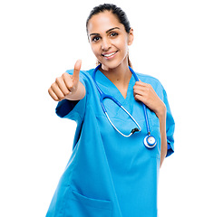 Image showing Youre safe in her hands. a female doctor giving the thumbs up against a studio background.