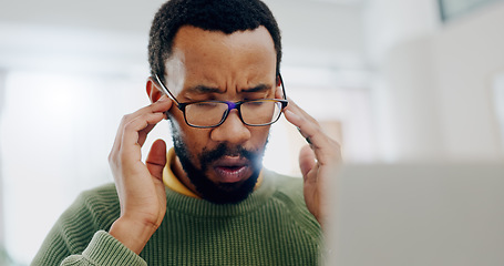 Image showing Man, stress or temple at laptop work deadline, thoughts or headache. Black person, hand massage or tired overworked thinking at office or email anxiety job burnout depression, frustrated or overwhelm