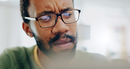 Image showing Man, thinking or confused at work laptop or idea, thoughts problem solving. Black person, glasses closeup or job email communication stress or plan doubt, research brainstorming or freelance fail