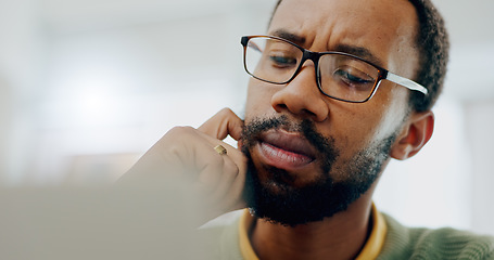 Image showing Thinking, remote work and black man with laptop for planning, connection or entrepreneurship. Ideas, house and African freelance worker or entrepreneur reading from a computer for internet or email