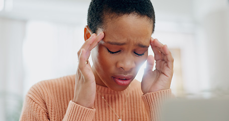 Image showing Sick, remote work and a black woman with a headache from a laptop for depression or anxiety. House, frustrated and an African freelance worker with a migraine, stress or mental health from a job