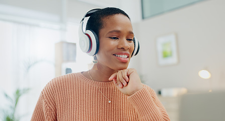 Image showing Woman, headphones and smile by laptop for remote work from home with thinking process, ideas or vision. Happy African girl, computer and listen for sound, freelancing and brainstorming for solution