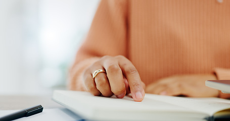 Image showing Notes, woman and hand with book for planning, schedule and home office with paperwork. Diary, planner and journal writing with a person at a desk with notebook and documents for writing in a house