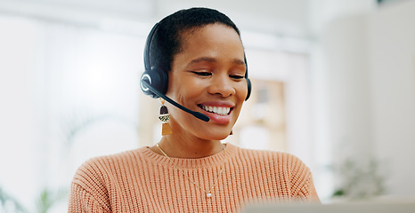 Image showing Customer service face, laptop and professional happy woman conversation on telemarketing, consultation or tech support. Home, freelance remote work and telecom agent consulting on lead generation