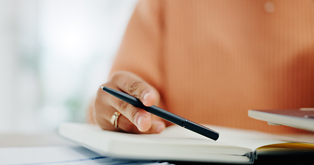 Image showing Notes, woman writing and hand with book for planning, schedule and home office with paperwork. Diary, planner and journal writing with a person at a desk with notebook and documents with pen in house