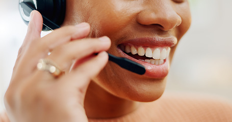 Image showing Call center headset, mouth or professional happy person talking on telemarketing, sales pitch or technical support. Help desk closeup, communication microphone and agent consulting on lead generation