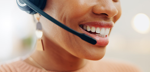 Image showing Call center headset, mouth or business person conversation on telemarketing, consultation or technical support. Help desk closeup, administration receptionist and agent consulting on lead generation