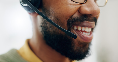 Image showing Call center headset, mouth and professional man speaking on telemarketing, sales pitch or customer care support. Help desk closeup, communication microphone and agent consulting on advisory service