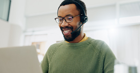 Image showing Customer service laptop, happy and professional black man conversation on telemarketing, consultation or tech support. Home, freelance remote work and African consultant smile for lead generation