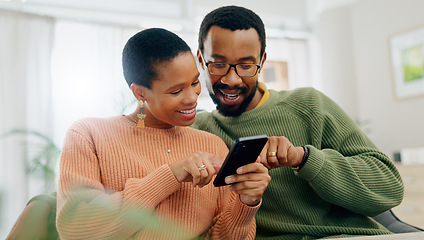 Image showing Phone, happy and black couple on sofa online for social media, internet and browse website. Love, dating and man and woman on smartphone for bonding, relationship and relax together in living room