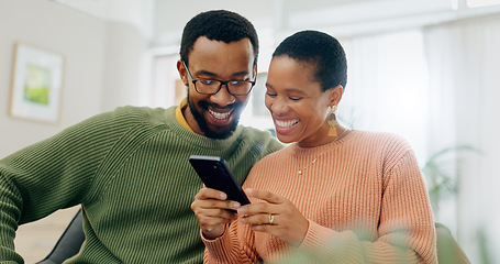 Image showing Happy, home phone and relax black couple reading, smile or watch social media video, blog or relationship news. Smartphone, mobile application and African man, woman or marriage people check web info