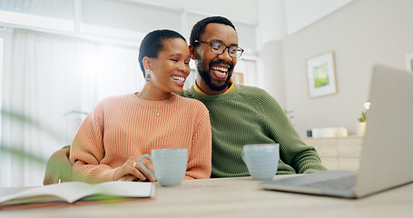 Image showing Coffee, video call and happy woman at home on a living room sofa with a man and hot drink. Couple, laptop and smile with communication and conversation together with love and support on a couch