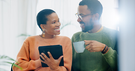 Image showing Coffee, home tablet and black couple happy for social media post, morning wellness blog or relationship news. Matcha tea drink, eye contact and African man, woman or marriage people check web info