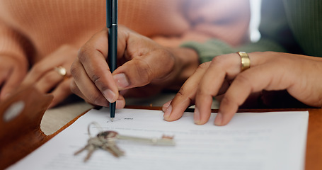 Image showing Closeup, hands and signature on mortgage paperwork for finance, home contract or a loan. Investment, legal and a couple writing on a document for keys of a house, ownership and agreement for a deal