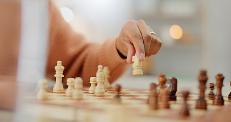 Image showing Closeup, chess and hands with person, game and expert with strategy, skills and winner. Player, competition and contest with professional, activity and hobby with tournament, knowledge and challenge