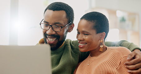 Image showing Home laptop, smile and black couple reading online shop discount, social network post or relationship news website. Network connection, computer and African people search internet, web or media page