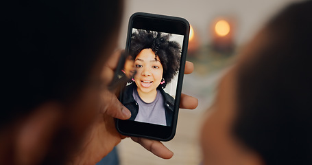 Image showing Couple, screen and a phone for a video call with a woman for communication or marriage advice. Social media, home and people speaking to a consultant on a mobile for a conversation or contact