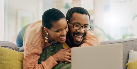 Image showing Home laptop, hug and black couple excited for online shop deal, discount promotion or omnichannel news announcement. Happiness, PC and African people smile for email, notification or feedback report