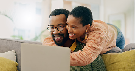 Image showing Home laptop, hug and black couple reading online shop deal, social network post or omnichannel website. Network connection, PC and African wife, husband or people search internet, web or media page