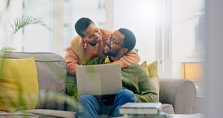 Image showing Laptop, love and black couple hug, smile and happy for home romance, partner support or marriage news. Care, lounge sofa and African man, woman or people embrace for online relationship test results