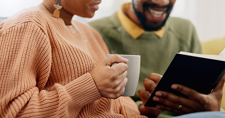 Image showing Home, closeup and black couple with coffee, bible and reading with religion, hope or bonding together. Romance, apartment or man with woman, scripture or holy book with Christian, tea or conversation