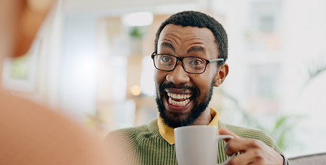 Image showing Coffee, conversation and excited man at home on a living room sofa with a man and hot drink. Couple, tea and smile with communication and conversation together with love and support on a couch