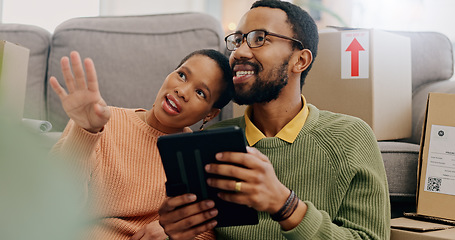 Image showing Planning, black couple and a tablet for interior design of a new home and decoration inspiration. Moving, real estate and an African man and woman with a vision for apartment thinking with tech