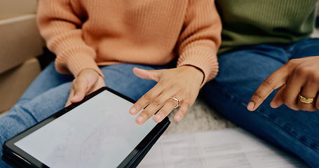 Image showing Blueprint, pointing or tablet with couple by home, advertising or communication to review renovation plan. Married man, woman or fingers to digital touchscreen for technology, architecture or mockup