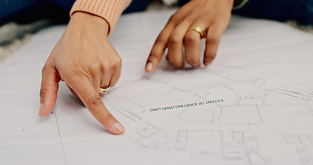 Image showing Closeup, hands and couple with blueprint, teamwork and cooperation with planning, project and real estate. Development architecture and engineer with documents, collaboration and construction