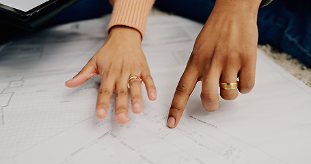 Image showing Closeup, hands and couple with blueprint, cooperation or construction with planning, project or real estate. Man, architecture or engineer with documents, woman or conversation with planning or house