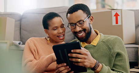 Image showing Tablet, black couple and tablet at new home in the morning with social media and moving plan. Happy, web search and technology in a house with smile and decide room color on app with communication