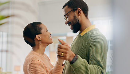 Image showing Home, dancing and black couple with love, marriage and romance with lens flare, smile and care. Romantic, man and woman with energy, relationship and celebration with support, anniversary and joy